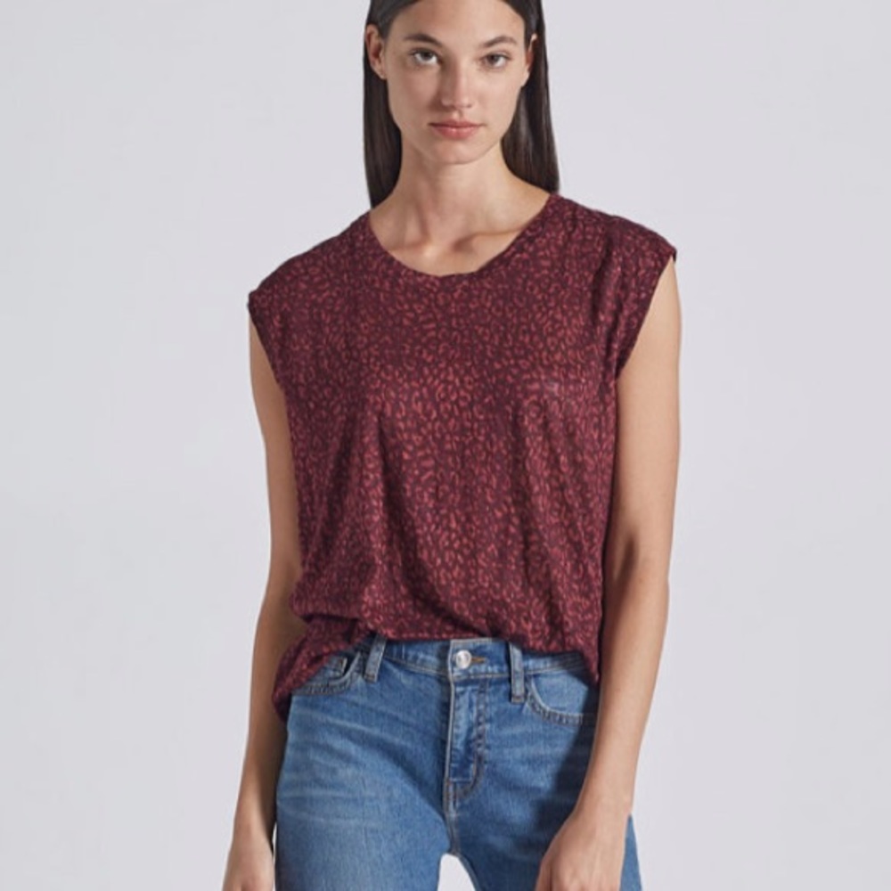 CURRENT/ELLIOTT JAX Sleeveless Top, RED BURGUNDY MUSCLE LEOPARD LINEN TOP NEW